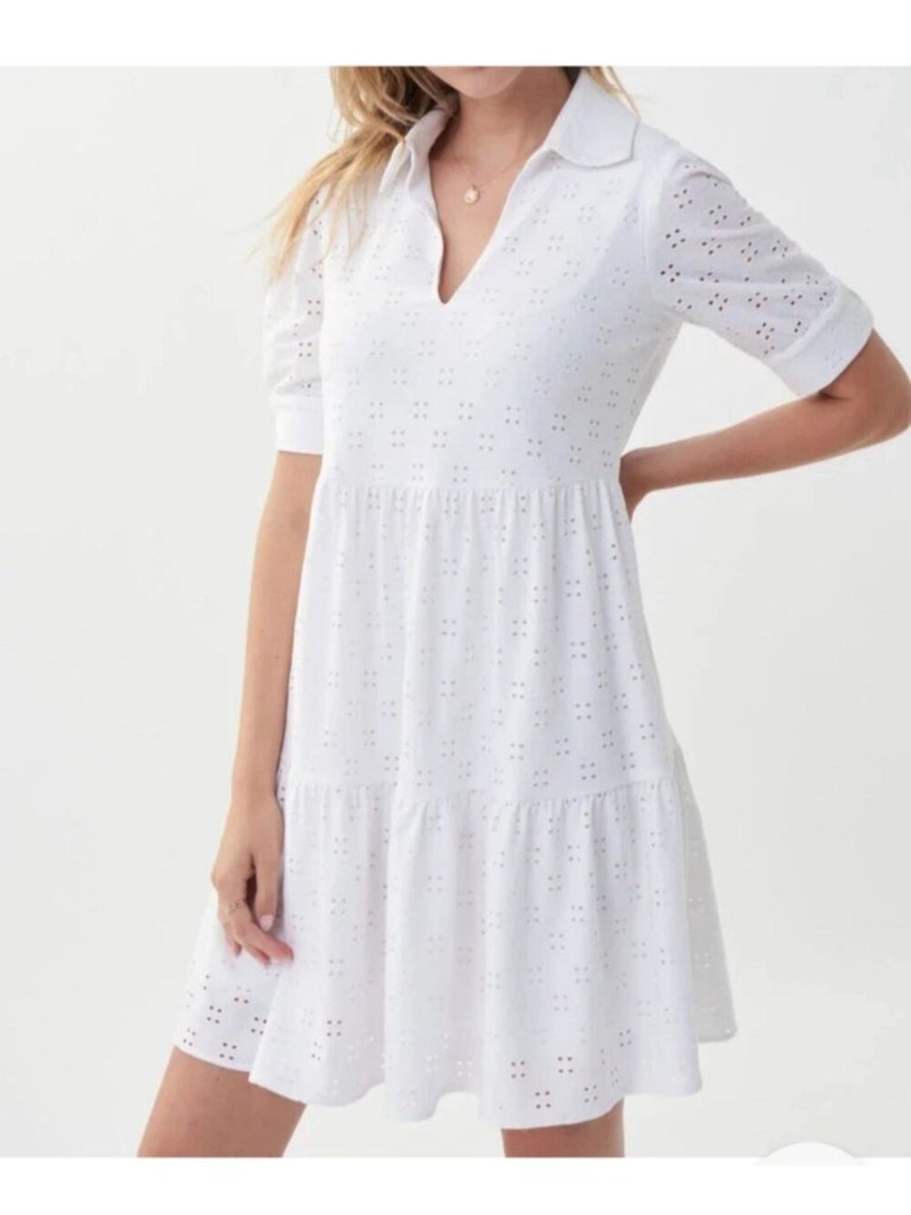 Joseph Ribkoff Eyelet Tiered Dress Size 8 White Short Sleeve Lined Boho Coastal